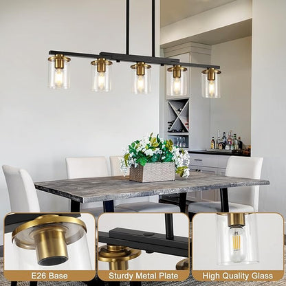 36.2inch 5-Light Kitchen Island Lighting,Dining Room Lights Modern Farmhouse Chandelier with Clear Glass Shade,Modern Rustic Black and Gold Metal Chandelier, Kitchen Pendant Light Fixtures