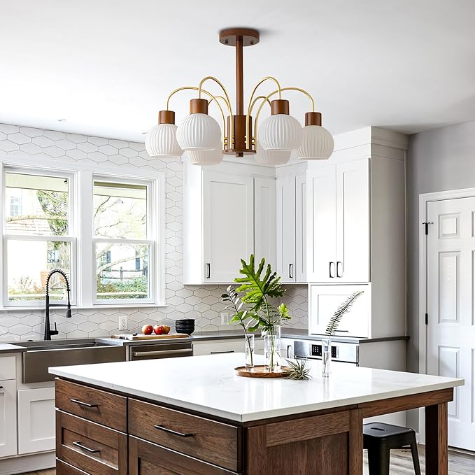 KCO Lighting 6-Lights Ribbed Milk Glass Chandelier Farmhouse Rustic Walnut Wood Chandelier Lighting Frosted White Globe Pendant Light Mid Century Modern Gold Semi Flush Mount Ceiling Light