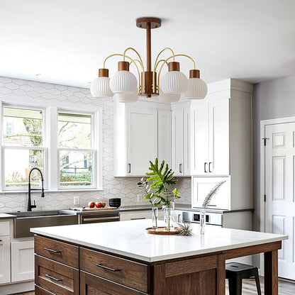 KCO Lighting 6-Lights Ribbed Milk Glass Chandelier Farmhouse Rustic Walnut Wood Chandelier Lighting Frosted White Globe Pendant Light Mid Century Modern Gold Semi Flush Mount Ceiling Light