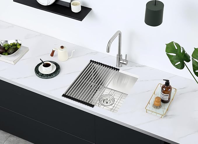 MENATT 18x18 Inch Undermount Kitchen Sink, 18 Gauge 304 Stainless Steel Single Bowl with Roll-up Drying Rack & Bottom Grid Mat, 9" Deep Compact Sink for Bar, Prep Station, Laundry Room