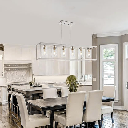 6 Light Brushed Nickel Dining Room Light Fixture Modern Farmhouse Chandelier Linear Hanging Pendant Lighting Rectangle for Kitchen Living Room Adjustable Height with Glass Shade