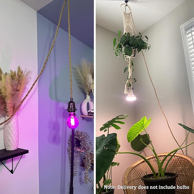16.4ft Plug in Pendant Light Cord 2-Pack, Farmhouse Hemp Rope Hanging Lights Cord Kit with Switch, Industrial Vintage Plug in Hanging Light Fixture DIY E26 E27 Lamp Socket Cord, No Bulb