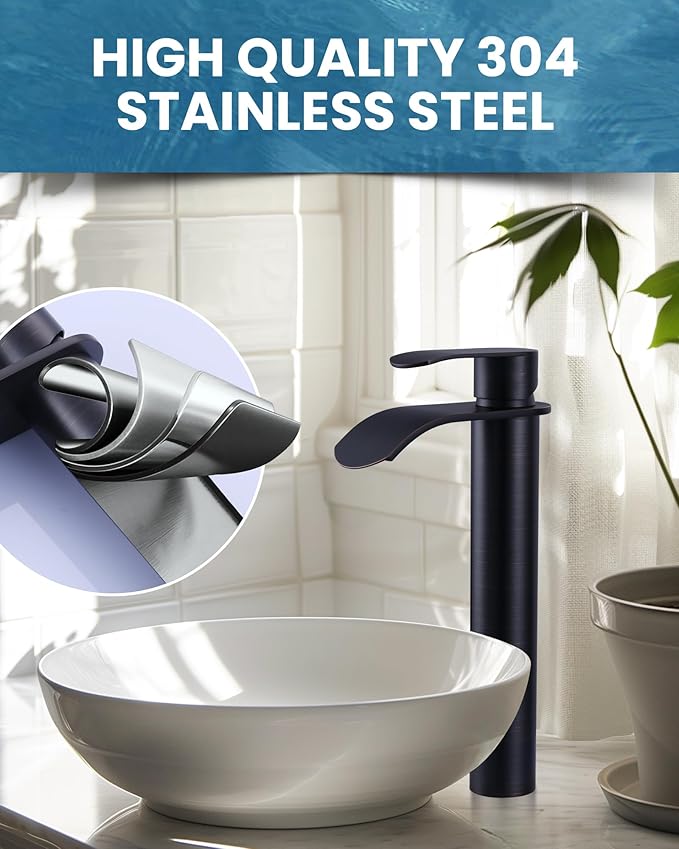 Vessel Sink Faucet Oil Rubbed Bronze：WOWOW Single Handle Tall Bathroom Faucet - Waterfall Single Hole Mixer Bar Tap with Large Rectangular Spout, Deck Mount Lavatory Vanity with Pop Up Drain