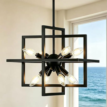 Small Modern Lantern Chandeliers, Geometric Black Pendant Lighting, 8-Light Industrial Hanging Chandelier Light Fixture for Dining Room, Kitchen, Bedroom, Foyer, Entryway, Farmhouse UL Listed