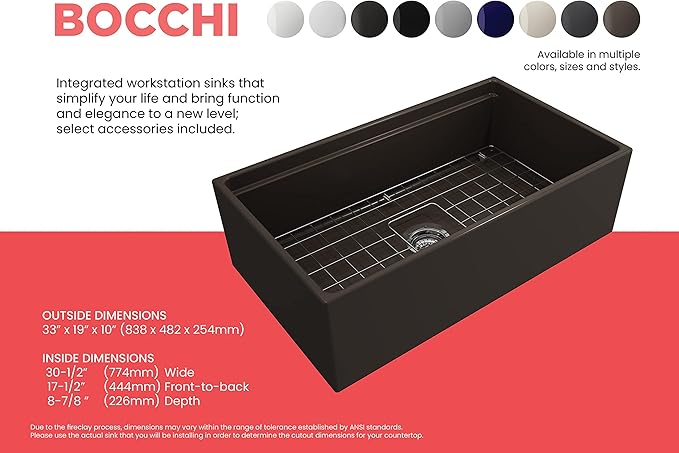 BOCCHI Contempo Workstation Apron Front Step Rim Fireclay 33 in. Single Bowl Kitchen Sink with Accessories in Matte Brown