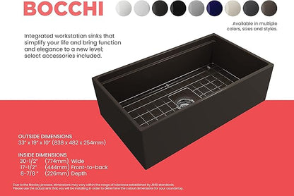 BOCCHI Contempo Workstation Apron Front Step Rim Fireclay 33 in. Single Bowl Kitchen Sink with Accessories in Matte Brown