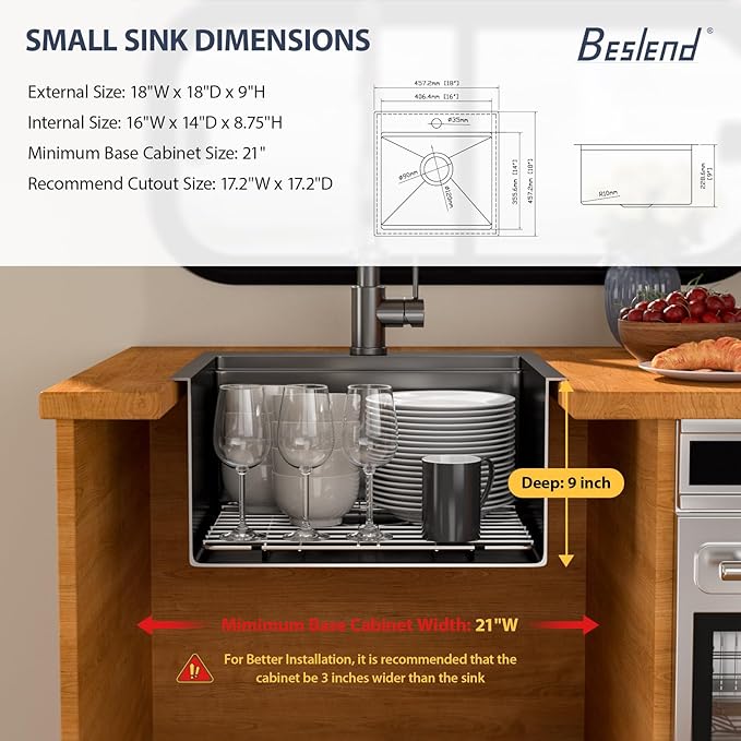 18 Inch Drop In RV Bar Sink - Beslend 18x18 Gunmetal Black Topmount Sink for RV Camper, Black Stainless Steel Wet Bar Workstation with Cutting Board, Roll-up Rack, Drain Assembly & Rinse Grid