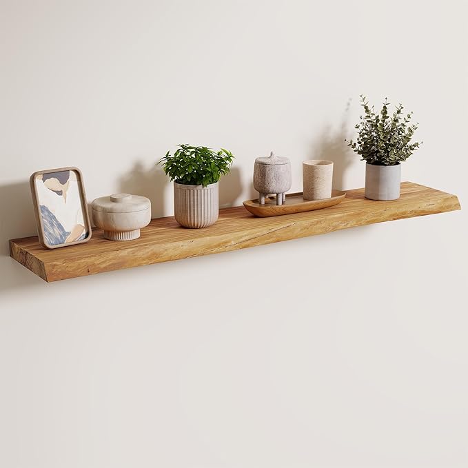Axeman 40 inch Floating Shelves for Wall - 8'' D Live Edge Rustic Solid Elm Wood Floating Shelves Wall Mounted, Wall Shelves with Invisible Bracket for Living Room Bedroom Kitchen, 1 Pc Natural