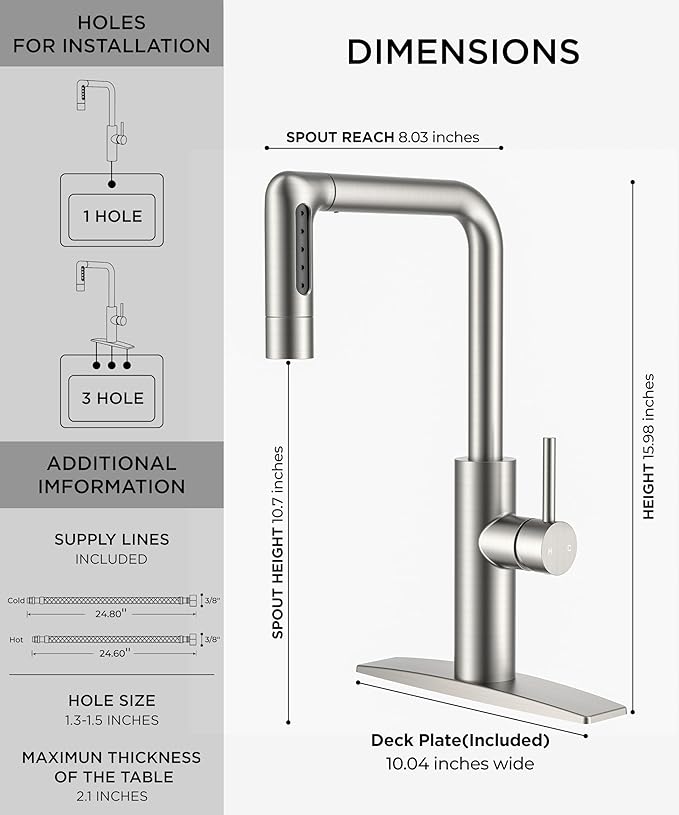 FORIOUS Waterfall Kitchen Faucet with Pull Down Sprayer, 5 Spout Modes Brushed Nickel Stainless Steel Single Handle 360° Swivel Classic Kitchen Sink Faucet with Deck Plate for 1 or 3 Hole for Bar Rv