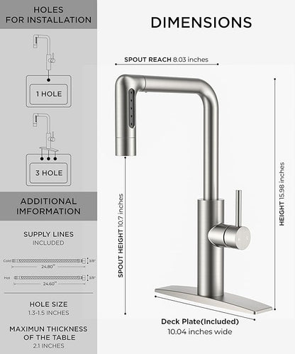 FORIOUS Waterfall Kitchen Faucet with Pull Down Sprayer, 5 Spout Modes Brushed Nickel Stainless Steel Single Handle 360° Swivel Classic Kitchen Sink Faucet with Deck Plate for 1 or 3 Hole for Bar Rv