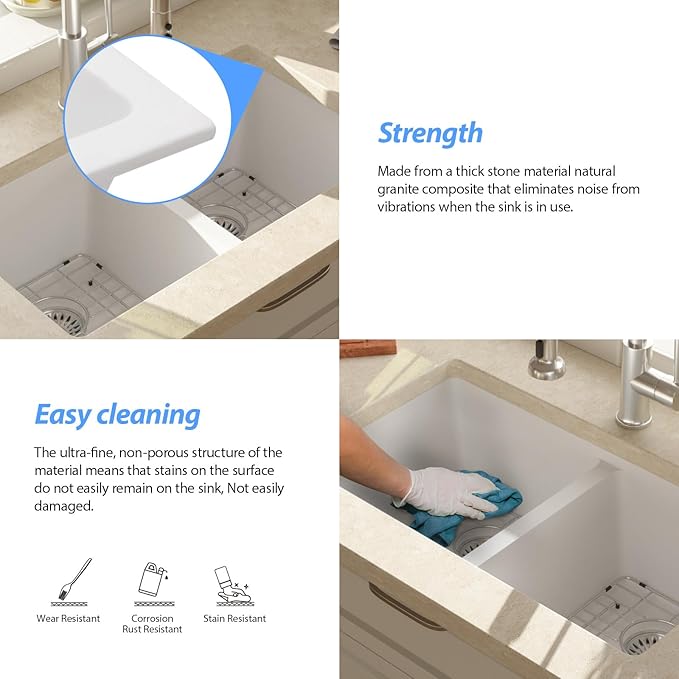 Lordear 33 Granite Composite Kitchen Sink 33x19 Inch White Undermount Sink Double Bowl 50/50 Granite Composite Under/Over Counter White Kitchen Sink