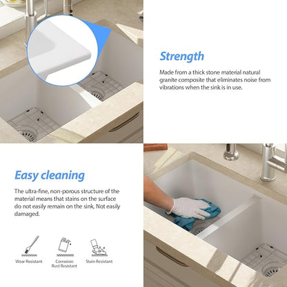 Lordear 33 Granite Composite Kitchen Sink 33x19 Inch White Undermount Sink Double Bowl 50/50 Granite Composite Under/Over Counter White Kitchen Sink