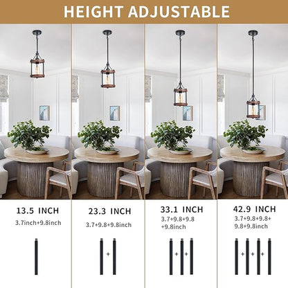Farmhouse Pendant Light in Wood and Metal Cage, Rustic Brown Wood Pendant Light with Glass, Adjustable Hanging Light Fixtures, Mini Pendant Lighting for Kitchen Island, Hallway, Foyer, 1 Pack