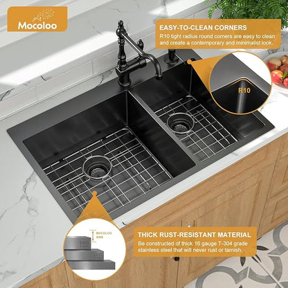 Mocoloo 33 Black Drop In Kitchen Sink 33x22 Inch Gunmetal Black Stainless Sink Double Bowl 60/40 Topmount 16 Gauge Kitchen Sink Handmade Basin