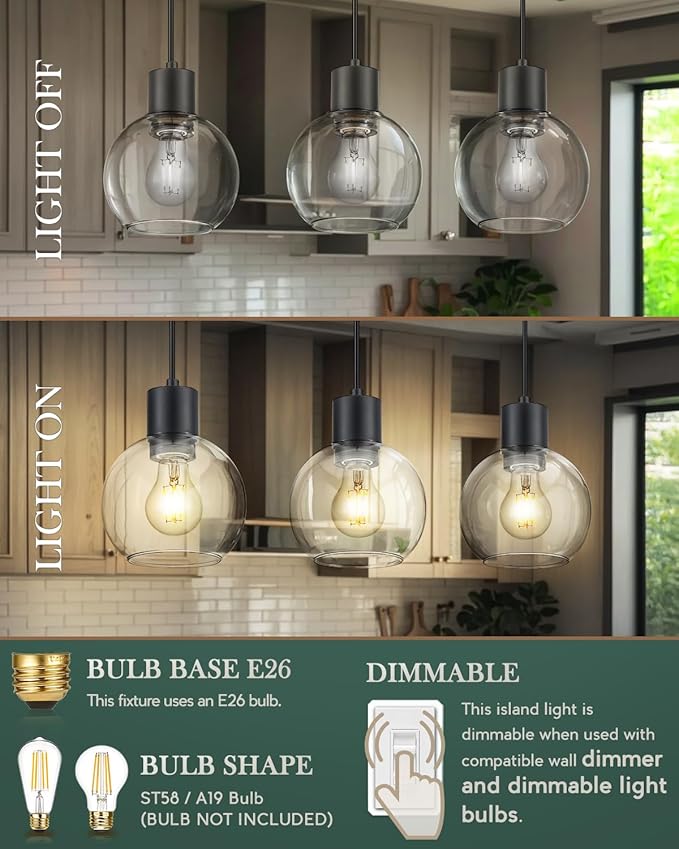 LMS 3-Light Island Lights, Matte Black Dining Room Over Table Hanging Linear Chandeliers, Farmhouse Chandeliers for Kitchen Island Pendant Light Fixtures with Clear Globe Glass Shade, LMS-122SPL-BK3