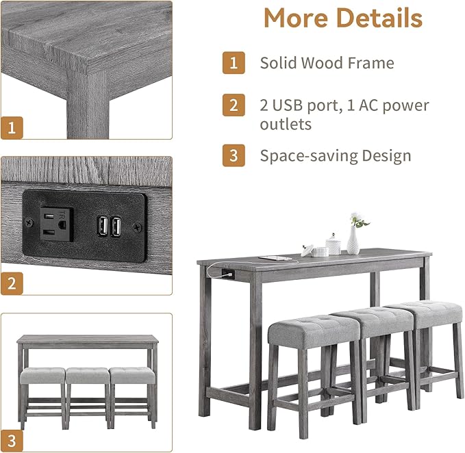 LKTART 4 Piece Bar Table Set Dining Bar Table and Chairs Set with Power Outlet Industrial Breakfast Table with 3 Padded Stools Rustic Bar Kitchen Dinning Room Living Room Grey