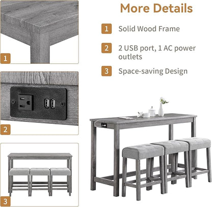 LKTART 4 Piece Bar Table Set Dining Bar Table and Chairs Set with Power Outlet Industrial Breakfast Table with 3 Padded Stools Rustic Bar Kitchen Dinning Room Living Room Grey