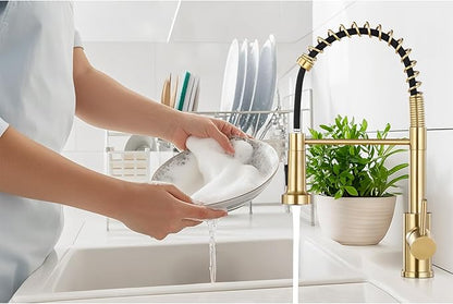 Kitchen Sink Faucet with Soap Dispenser,Commercial Single Handle Kitchen Faucets with Deck Plate (Brush Gold)