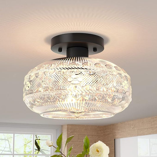 Semi Flush Mount Ceiling Light Fixture Black,Vintage Hallway Light Fixture Ceiling,Globe Glass Light Fixtures Ceiling Mount,Farmhouse Pendant Lamp for Kitchen Entryway Bathroom,Bulb Not Included