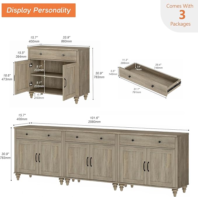 WAMAPT Buffet Cabinet with 6 Doors and 4 Drawers, Large Coffee Bar Table Wood Kitchen Storage Cabinets with Storage Cabinets, Modern Farmhouse Sideboard Credenza for Dining Room, Wash Grey, 101 inch