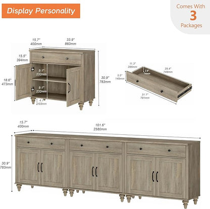 WAMAPT Buffet Cabinet with 6 Doors and 4 Drawers, Large Coffee Bar Table Wood Kitchen Storage Cabinets with Storage Cabinets, Modern Farmhouse Sideboard Credenza for Dining Room, Wash Grey, 101 inch
