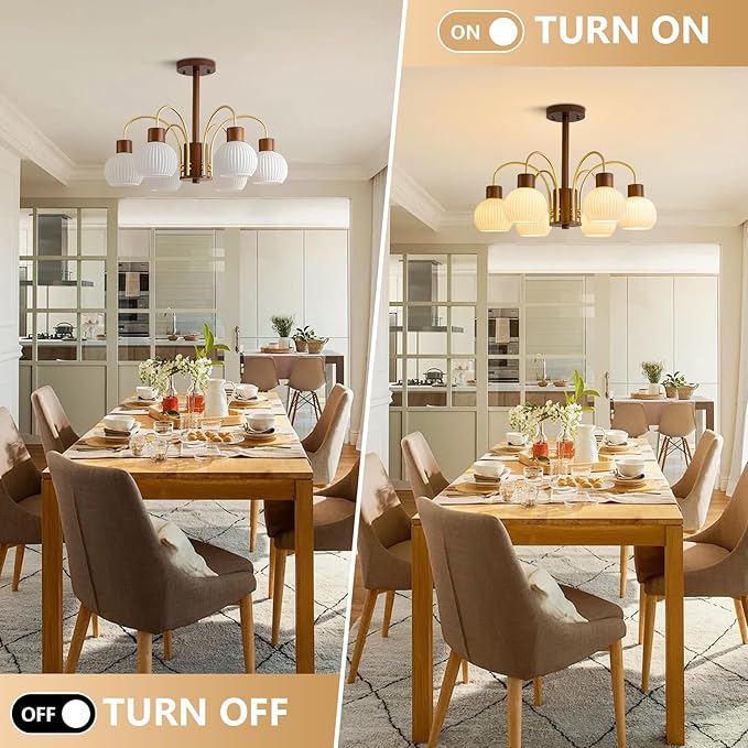 KCO Lighting 6-Lights Ribbed Milk Glass Chandelier Farmhouse Rustic Walnut Wood Chandelier Lighting Frosted White Globe Pendant Light Mid Century Modern Gold Semi Flush Mount Ceiling Light