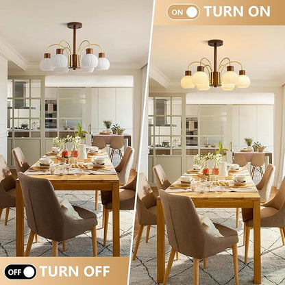 KCO Lighting 6-Lights Ribbed Milk Glass Chandelier Farmhouse Rustic Walnut Wood Chandelier Lighting Frosted White Globe Pendant Light Mid Century Modern Gold Semi Flush Mount Ceiling Light