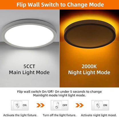 Hlite 12 Inch Flush Mount LED Ceiling Light with Night Light, 24W, 2400lm, Selectable 3000K/4000K/5000K, Flat Lights for Bedroom, Kitchen, White (2Pack)