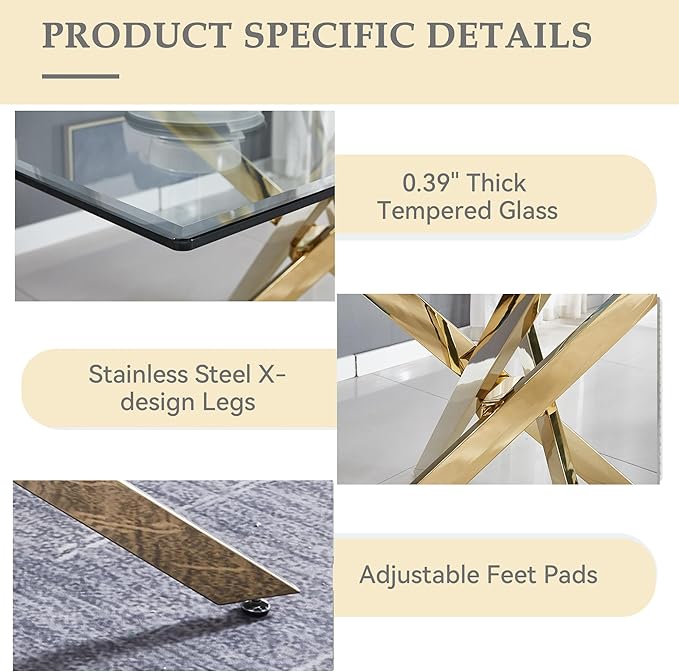 Glass Dining Table,51'' Rectangular Dining Kitchen Table,Modern X-Design Dining Room Table with Gold Stainless Steel Base for Dining Room