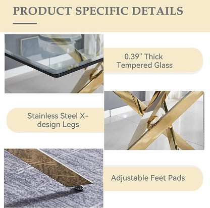 Glass Dining Table,51'' Rectangular Dining Kitchen Table,Modern X-Design Dining Room Table with Gold Stainless Steel Base for Dining Room