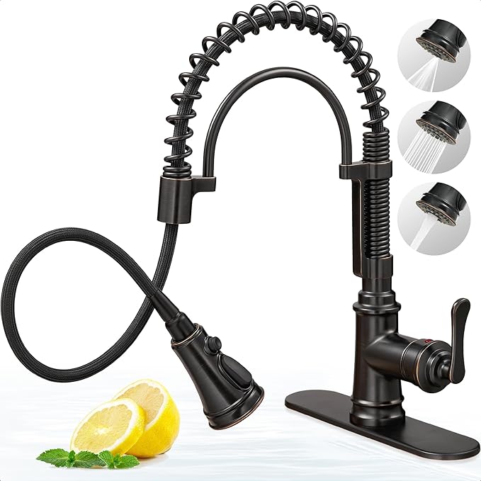 3 Modes Bronze Kitchen Faucet with Pull Down Sprayer, Single Hole Kitchen Sink Faucet 3 Hole, Stainless Steel High Arc Spring Style, 360 Degree Swivel with One Handle & Deck Plate for Farmhouse