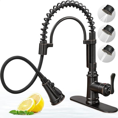 3 Modes Bronze Kitchen Faucet with Pull Down Sprayer, Single Hole Kitchen Sink Faucet 3 Hole, Stainless Steel High Arc Spring Style, 360 Degree Swivel with One Handle & Deck Plate for Farmhouse