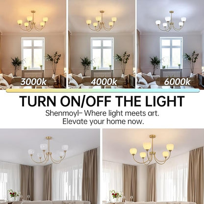 Shenmoyl 30.31" Brass Gold Chandelier, 5-Light Chandelier Light with White Tulip Glass Lampshade, Height Adjustable Vintage Chandeliers for Dining Room Living Room Kitchen Island