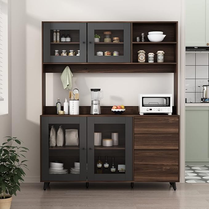 AGOTENI Large Kitchen Hutch Cabinet, Storage Cupboard Pantry with 4 Glass Doors, 4 Drawers & Microwave Shelf, for Kitchen Open Storage, Rustic Brown (63" W x 15.7" D x 74.8" H)