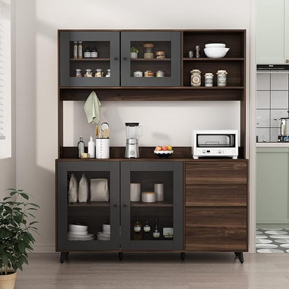 AGOTENI Large Kitchen Hutch Cabinet, Storage Cupboard Pantry with 4 Glass Doors, 4 Drawers & Microwave Shelf, for Kitchen Open Storage, Rustic Brown (63" W x 15.7" D x 74.8" H)