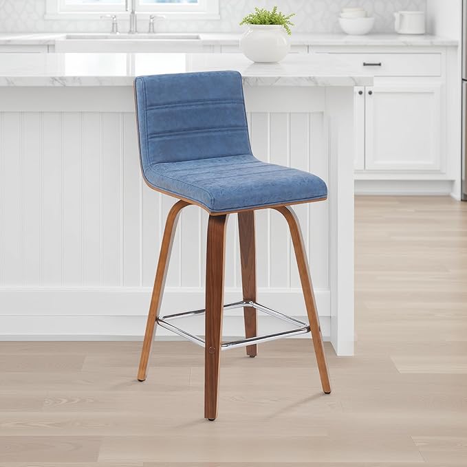 Armen Living Vienna Modern Swivel 26" Counter Height Barstool with Vintage Blue Faux Leather and Walnut Wood Finish