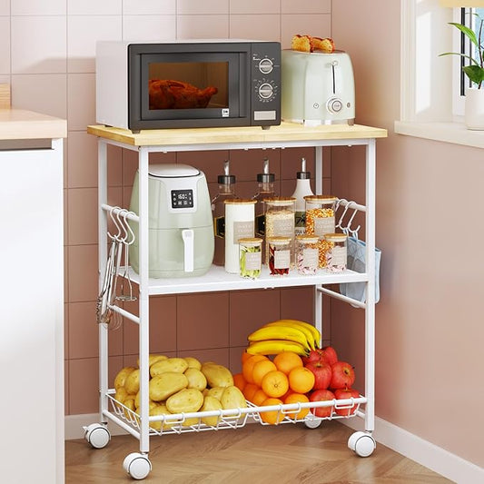 SWTYMIKI Rolling Kitchen Microwave Cart - 3 Tier Microwave Table Stand with Storage Basket and Hooks, Kitchen Utility Cart on Wheels, Coffee Cart Shelf Rack Organizer for Living Room Office, Balcony