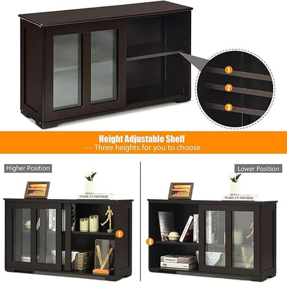 Sideboard Buffet Cabinet, Stackable Cupboard Storage Table with Adjustable Shelf & Glass Sliding Doors, Wooden Credenza Coffee Bar Cabinet for Kitchen/Dining Room/Living Room/Entryway (Coffee)