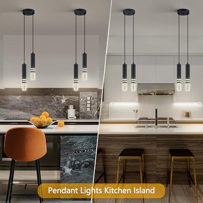 Pendant Lights Kitchen Island, Crystal Pendant Light Fixtures Mini 12W LED Modern Kitchen Pendant Lighting Over Sink and Living Room and Bedroom (Black 2 Light)