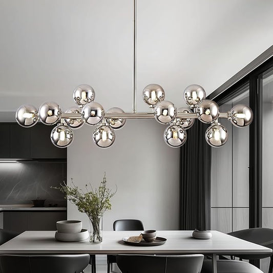 16-Light Globe Sputnik Chandelier, Mid Century Modern Light Fixture Over Table, Nickel Linear Chandeliers for Dining Room and Kitchen Island (Smoke Grey Glass Bubble Shades, 40 Inch)