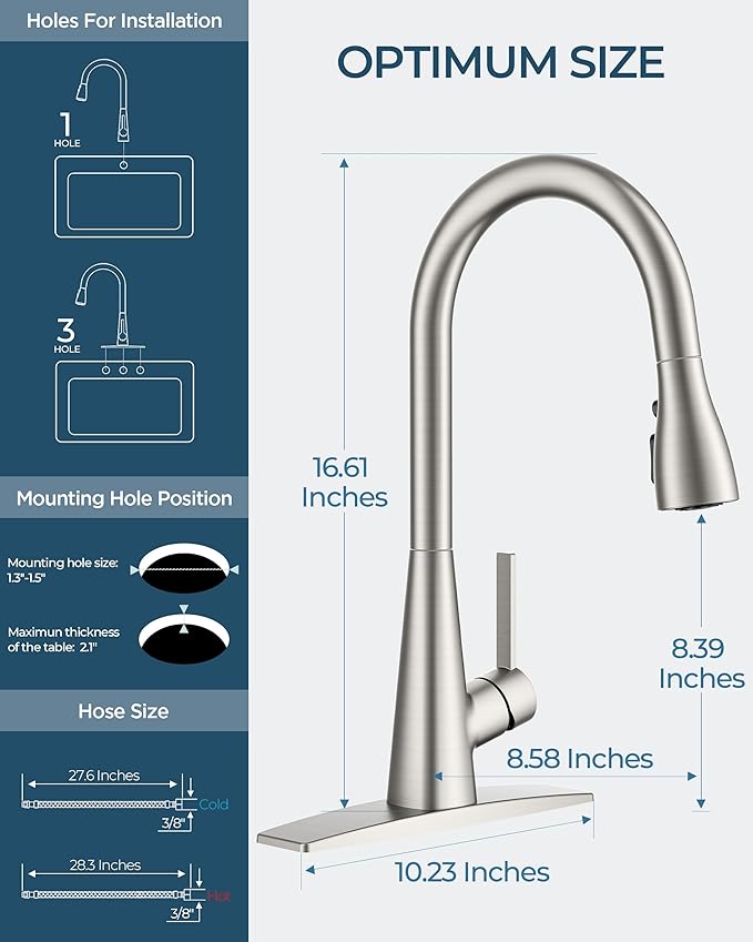 FORIOUS Kitchen Faucet with Pull Down Sprayer, Brushed Nickel, Classic High Arc Stainless Steel Faucet for Kitchen Sink, Single Handle for 1 or 3 Hole Decks for RV Bar Farmhouse Laundry Camper