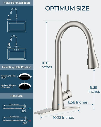 FORIOUS Kitchen Faucet with Pull Down Sprayer, Brushed Nickel, Classic High Arc Stainless Steel Faucet for Kitchen Sink, Single Handle for 1 or 3 Hole Decks for RV Bar Farmhouse Laundry Camper