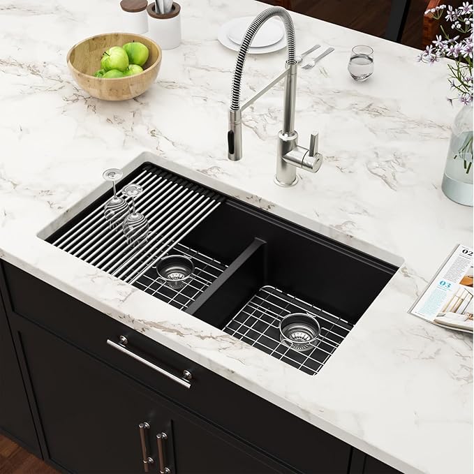 33 Black Undermount Kitchen Sink Granite Composite Quartz Double Bowl Workstation Sinks Low Divide Ledge Under Counter Large Deep Classic Basin,33"x19"x10"