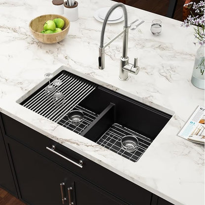 33 Black Undermount Kitchen Sink Granite Composite Quartz Double Bowl Workstation Sinks Low Divide Ledge Under Counter Large Deep Classic Basin,33"x19"x10"