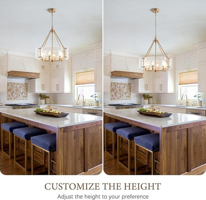 Gold Glass Chandelier for Dining Room Light Fixture, 19.69" Modern Drum Chandelier Textured Crystal Light Fixture for Kitchen Island Living Room Bedroom Foyer