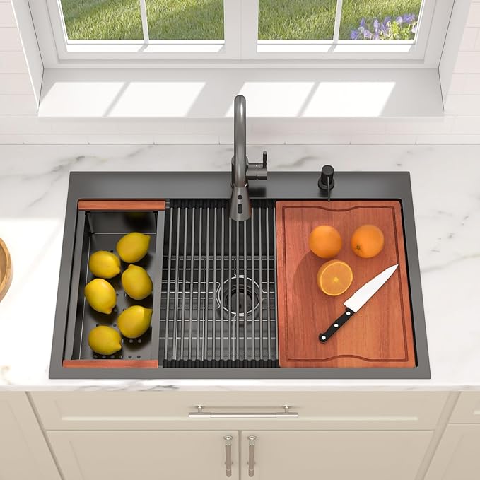 Dcolora 30 Inch Black Kitchen Sink Drop In Sink With Faucet Topmount Stainless Steel Workstation Single Bowl Nano Coating Surface 30"×22"×10", DC-SFDOE00004