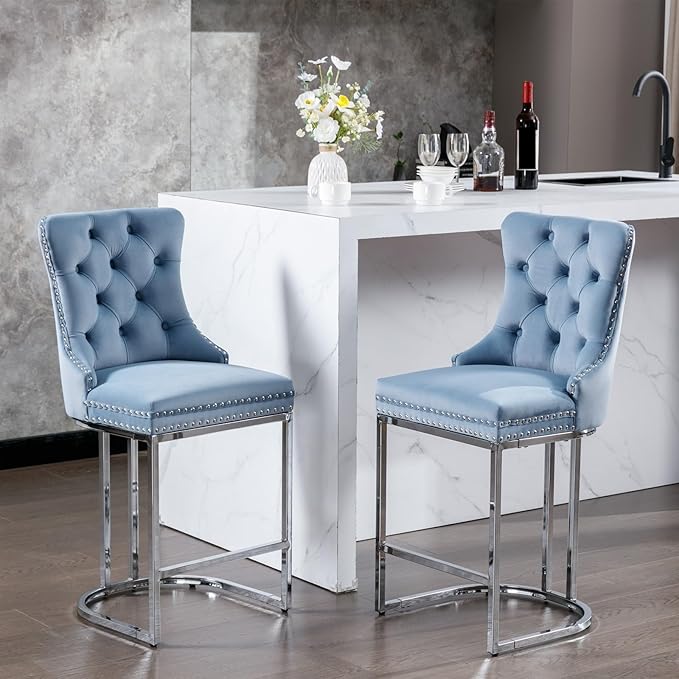 26" Counter Height Bar Stools Set of 2, Modern Velvet Barstools with Button Back&Rivet Trim Upholstered Kitchen Island Chairs with Sturdy Chromed Metal Base Legs
