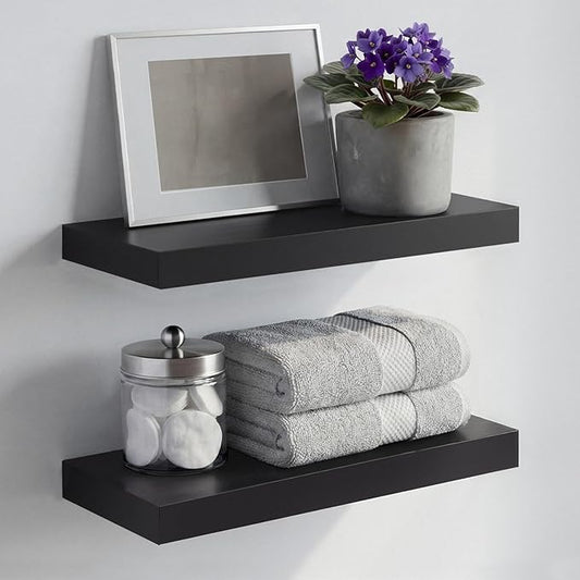 Homeforia 16 inch Black Floating Shelves, High End Solid Real Wood 16inch Bathroom Floating Shelves for Wall Mounted, 16in Wooden Small Floating Shelf, Heavy Duty Bracket, 16 X 6.5 X 1.75 in, Set of 4