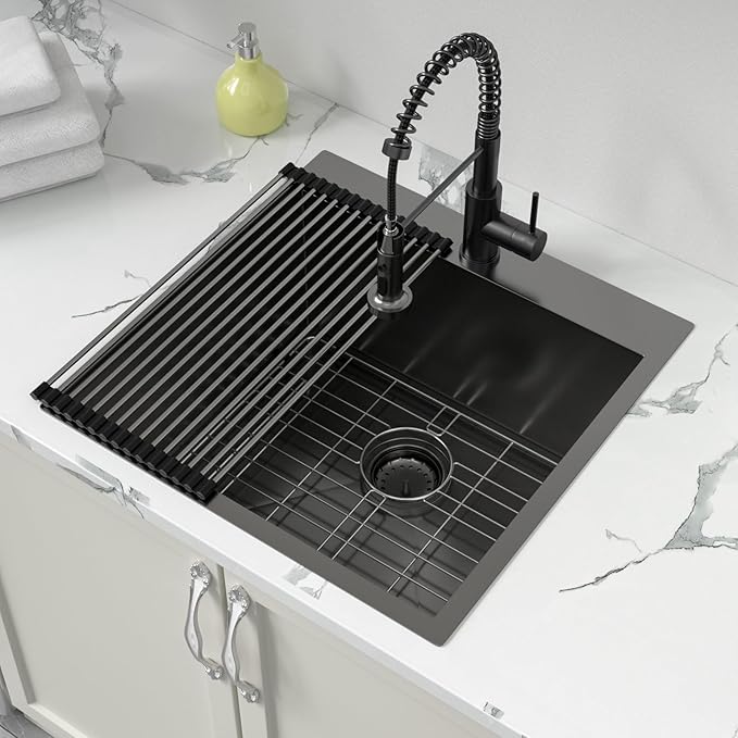 Sarlai Laundry Sink - Drop In 22"x22"x12" Deep Black Laundry Utility Sink Drop-in Topmount Single Bowl Sink 16 Gauge Stainless Steel Gunmetal Black Kitchen Laundry Room Sinks