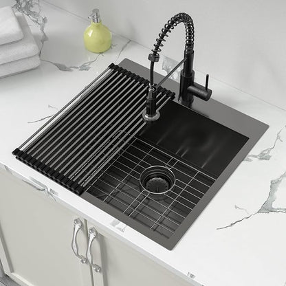 Sarlai Laundry Sink - Drop In 22"x22"x12" Deep Black Laundry Utility Sink Drop-in Topmount Single Bowl Sink 16 Gauge Stainless Steel Gunmetal Black Kitchen Laundry Room Sinks
